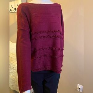 J. Jill Women's Faye Fringe Boat Neck Pullover Sweater Bordeaux Red Small